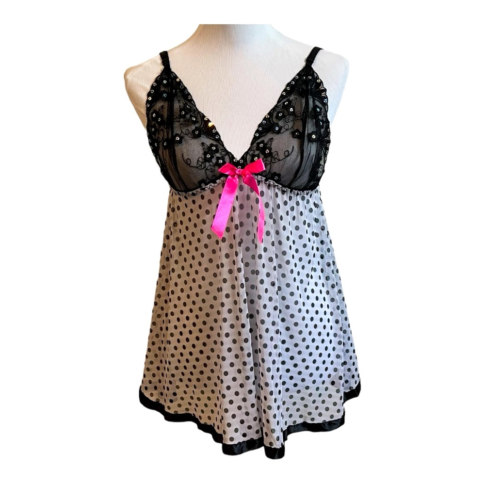 White black polka dot babydoll lingerie size large sequins sheer lace